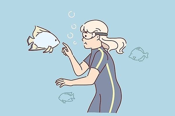 EPS 해외이미지 여자 수영복 행복 어린이 일러스트 고글 어류 상반신 성인 수영 물거품 소녀한명만 해외202309 해외일러스트 옷 감정 사람 수중동물 거품 수상스포츠 여자한명만 소녀만 파일형식 벡터