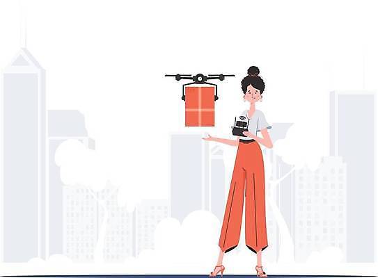 EPS 해외이미지 전신 여자 일러스트 미래 한명 들기 손짓 성인 화물 고객 스마트 배송 택배상자 로봇산업 드론 조종장치 성인여자한명만 해외202309 해외일러스트 1 산업 컨셉 모션 사람 상자 장비 운송업 로봇 택배 여자한명만 성인여자만 파일형식 벡터