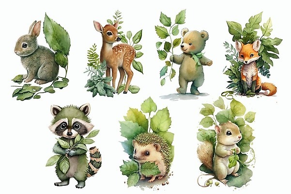 EPS 해외이미지 일러스트 곰 사슴 사람없음 귀여움 토끼 풀잎 여우 번짐 고슴도치 청설모 라쿤 해외202309 해외일러스트 동물 컨셉 잎 포유류 반려동물 풀_식물 너구리 파일형식 벡터 효과