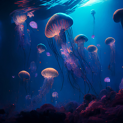 해외이미지 바다 사람없음 빛 심해 어둠 신비 해파리 해외202309 해외포토 포토 컨셉 바닷속 자포동물