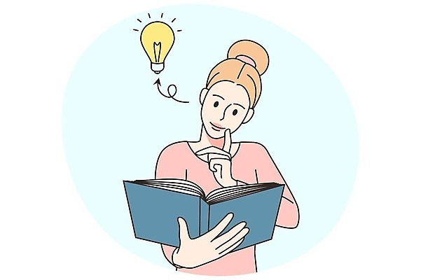 EPS 해외이미지 여자 행복 화살표 일러스트 한명 들기 상반신 성인 책 독서 전구모양 성인여자한명만 해외202309 해외일러스트 모양 1 감정 전구 모션 사람 여자한명만 성인여자만 파일형식 벡터