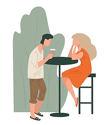 EPS 해외이미지 전신 여자 남자 커피 잎 의자 일러스트 탁자 서기 앉기 성인 두명 마주보기 턱괴기 카페 테이크아웃컵 성인만 해외202309 해외일러스트 식물 음료 가구 모션 사람 컵 상점 파일형식 벡터