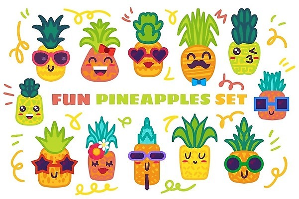 EPS 해외이미지 꽃 리본 스티커 일러스트 윙크 사람없음 세트 선글라스 귀여움 눈감음 콧수염 파인애플 과일캐릭터 파인애플캐릭터 해외일러스트 일러캐릭터 식물 캐릭터 안경 컨셉 과일 모션 수염 표정 열대과일 파일형식 벡터