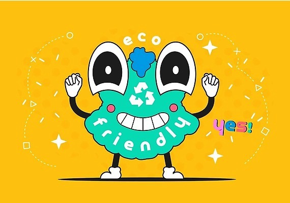 EPS 해외이미지 캐릭터 일러스트 사람없음 노란색 에코 카툰스타일 재활용표시 해외202309 해외일러스트 일러캐릭터 컬러 표시 환경 재활용 파일형식 벡터