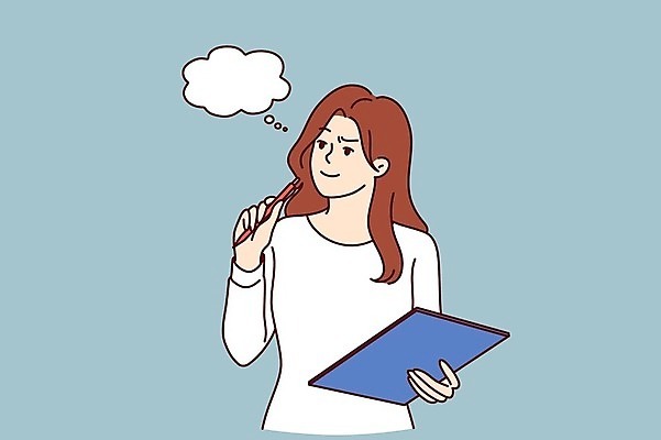 EPS 해외이미지 여자 생각 일러스트 사업가 아이디어 한명 들기 상반신 성인 펜 비즈니스우먼 고민 체크리스트 성인여자한명만 해외202309 해외일러스트 직업 1 감정 컨셉 비즈니스 모션 사람 필기구 직장인 여자한명만 성인여자만 파일형식 벡터