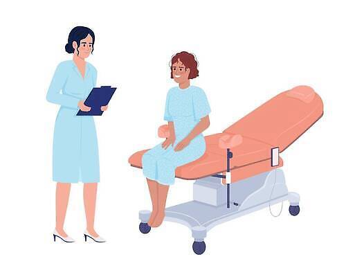 EPS 해외이미지 여자 일러스트 건강 성인 진료 산부인과 병원침대 산부인과의사 서류판 성인여자만 해외202309 해외일러스트 의학 병원 사람 사무용품 의사 침대 여자만 성인만 파일형식 벡터