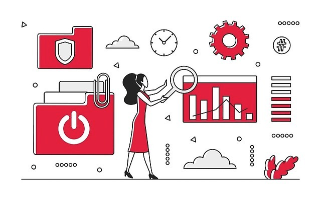 EPS 해외이미지 전신 여자 시계 일러스트 비즈니스 돋보기 한명 들기 성인 빨간색 자료 톱니바퀴 클립 폴더 회계 성인여자한명만 해외202309 해외일러스트 1 컬러 모션 사람 경제 파일 여자한명만 성인여자만 파일형식 벡터