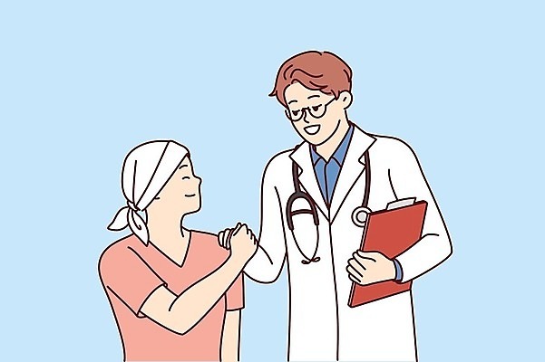 EPS 해외이미지 남자 일러스트 악수 성인 두명 치료 환자 의사 암 돌봄 남자만 성인만 해외202309 해외일러스트 의학 모션 사람 손짓 의료진 질병 파일형식 벡터