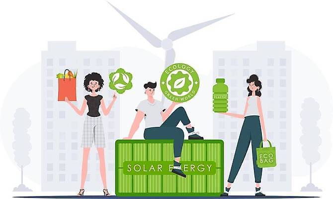 EPS 해외이미지 전신 여자 남자 잎 일러스트 서기 들기 앉기 손짓 성인 세명 초록색 원형 그린에너지 심볼 장바구니 에코 친환경 집열판 에코백 플라스틱병 성인만 해외202309 해외일러스트 도형 식물 컬러 가방 모션 사람 쇼핑 바구니 환경 에너지 플라스틱 태양에너지 병_담는 파일형식 벡터