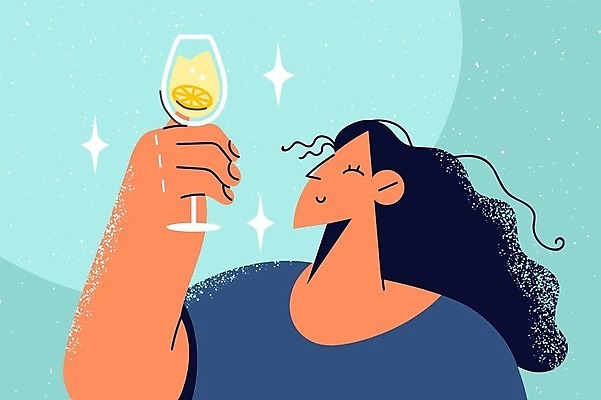 EPS 해외이미지 라이프스타일 여자 와인잔 일러스트 한명 들기 상반신 성인 반짝임 올려보기 샴페인 레몬 성인여자한명만 해외202309 해외일러스트 1 술잔 과일 모션 주류 사람 생활 여자한명만 성인여자만 파일형식 벡터