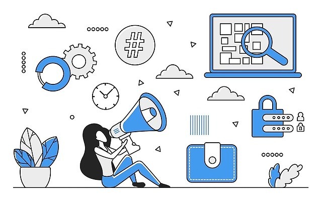 EPS 해외이미지 전신 여자 일러스트 비즈니스 한명 성인 파란색 디지털 확성기 정보 업무 지갑 스마트 분석 온라인 경영 데이터베이스 인터페이스 성인여자한명만 해외202310 해외일러스트 1 컬러 컨셉 사람 작업 여자한명만 성인여자만 파일형식 벡터