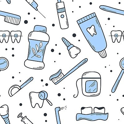EPS 해외이미지 무료이미지 백그라운드 패턴 일러스트 치과 세트 치아 칫솔 치과용품 치약 교정기 충치 치실 구강학 해외202309 해외일러스트 무늬 의학 병원 위생용품 의료용품 소화기관 질병 파일형식 벡터