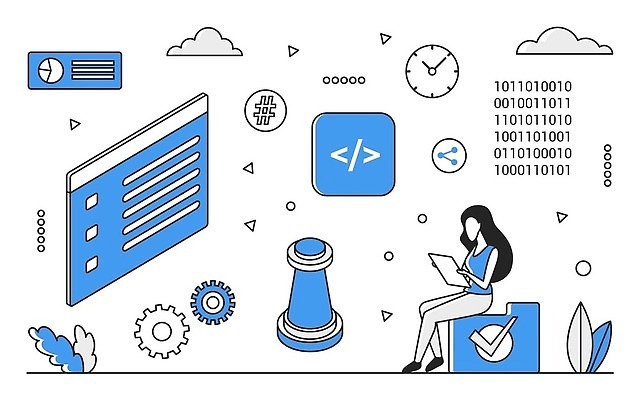 EPS 해외이미지 전신 여자 일러스트 비즈니스 한명 성인 파란색 홈페이지 디지털 정보 업무 스마트 분석 폴더 온라인 경영 데이터베이스 인터페이스 성인여자한명만 해외202310 해외일러스트 1 컬러 컨셉 사람 작업 파일 여자한명만 성인여자만 파일형식 벡터