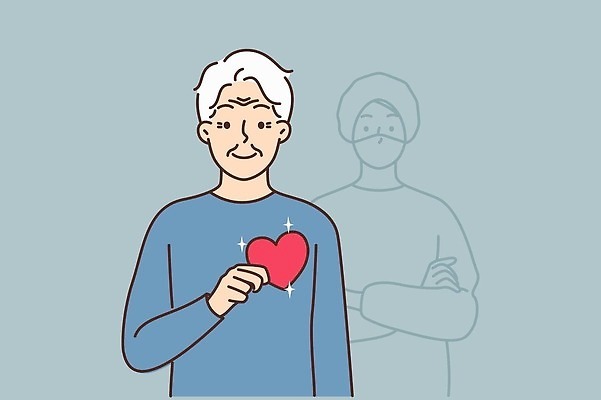 EPS 해외이미지 노년 남자 일러스트 들기 성인 두명 반짝임 팔짱 환자 의사 하트 감사 심장병 남자만 장기이식 해외202309 해외일러스트 모양 감정 의학 모션 사람 의료진 질병 파일형식 벡터