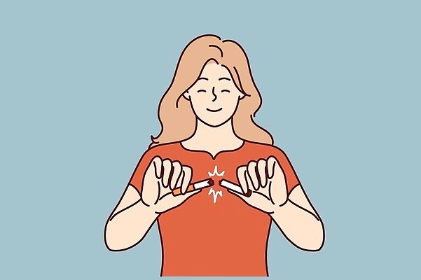 EPS 해외이미지 여자 행복 컨셉 일러스트 흡연 담배 건강 서기 사람 손상 자유 금지 던지기 연기 질병 위험 결심 거절 긍정 반대 암 중독 종료 습관 나쁜 고립 그만 깨짐 니코틴 단절 돌봄 마약 벡터 해외202309 해외일러스트 감정 의학 모션 파일형식