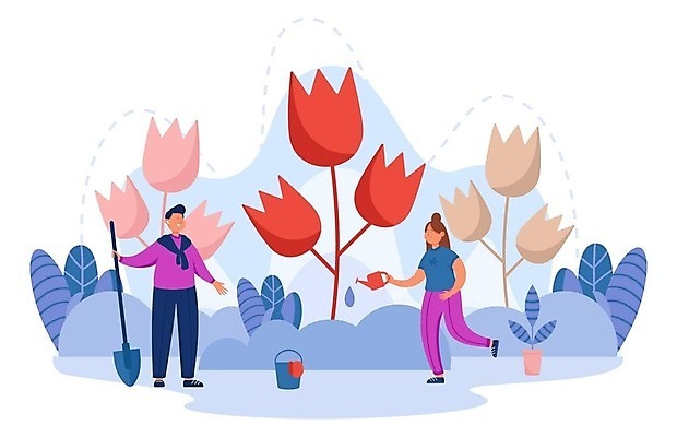 EPS 해외이미지 무료이미지 여자 남자 꽃 일러스트 성인 두명 봄 물뿌리개 튤립 잡기 삽 성인만 해외202309 해외일러스트 식물 계절 모션 사람 파일형식 벡터 무료콘텐츠