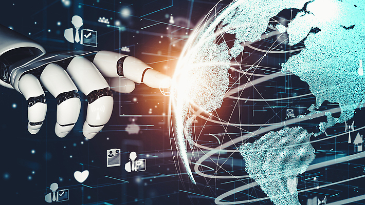 JPG 해외이미지 손 일러스트 미래 기술 신체부위 파란색 지구본 3D 디지털 터치 가리킴 네트워크 로봇 해외202309 해외포토 포토 컬러 컨셉 사람 손짓 디지털합성 파일형식