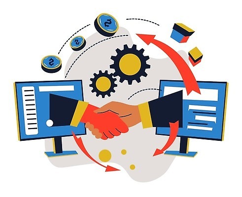 EPS 해외이미지 손 화살표 일러스트 비즈니스 악수 성인 두명 신체부위 모니터 동전 톱니바퀴 성인만 해외202309 해외일러스트 돈 사람 손짓 컴퓨터 파일형식 벡터