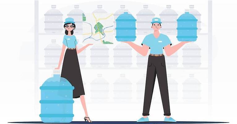 EPS 해외이미지 여자 남자 지도 일러스트 들기 성인 두명 물 파란색 기댐 신선 물통 배송 성인만 해외202309 해외일러스트 자연요소 컬러 모션 사람 파일형식 벡터