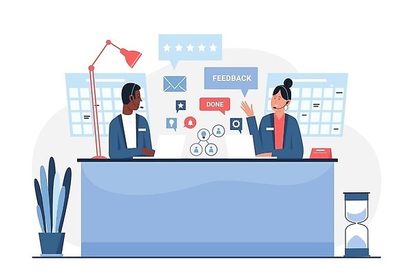 EPS 해외이미지 여자 남자 화분 흑인 말풍선 일러스트 상반신 성인 두명 사무실 업무 비즈니스맨 비즈니스우먼 모래시계 텔레마케팅 성인만 해외202309 해외일러스트 서양인 모래 시계 비즈니스 사람 작업 직장인 서비스업 파일형식 벡터