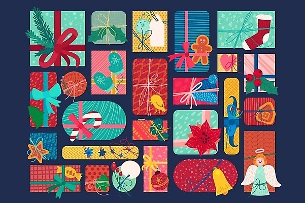 EPS 해외이미지 무료이미지 리본 크리스마스 일러스트 포장 크리스마스선물 사람없음 장식 선물상자 세트 축제 플랫 해외202309 해외일러스트 기념일 선물 상자 파일형식 벡터