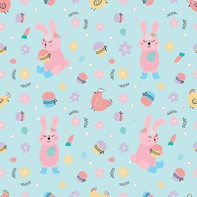 EPS 해외이미지 꽃 백그라운드 잎 패턴 일러스트 들기 사람없음 귀여움 계란 당근 컵케이크 토끼캐릭터 닭캐릭터 해외202309 해외일러스트 식물 동물캐릭터 컨셉 무늬 모션 뿌리채소 케이크 알 토끼 닭 파일형식 벡터