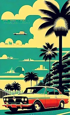 JPG 해외이미지 포스터 도로 여행 일러스트 자동차 사람없음 건물 야자수 태양 도시 빈티지 복고 마이애미 해외202309 해외일러스트 자연요소 나무 건축물 길 육상교통 컨셉 교통시설 파일형식