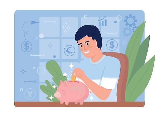 EPS 해외이미지 남자 일러스트 한명 성인 라이프 금융 동전 저축 돼지저금통 풀잎 넣기 성인남자한명만 해외202309 해외일러스트 1 잎 돈 모션 사람 생활 경제 저금통 풀_식물 남자한명만 성인남자만 파일형식 벡터