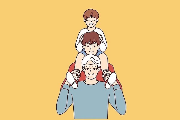 EPS 해외이미지 전신 할아버지 노년 남자 행복 아들 어린이 일러스트 가족 손자 함께함 소년 성인 세명 부모 성장 목말 아빠 조부모 남자만 해외202309 해외일러스트 감정 컨셉 관계 모션 사람 손주 파일형식 벡터