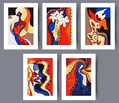 EPS 해외이미지 꽃 포스터 일러스트 추상 사람모양 미술 사람없음 세트 페인트 그림 기하학 해외202309 해외일러스트 모양 식물 무늬 문화예술 파일형식 벡터