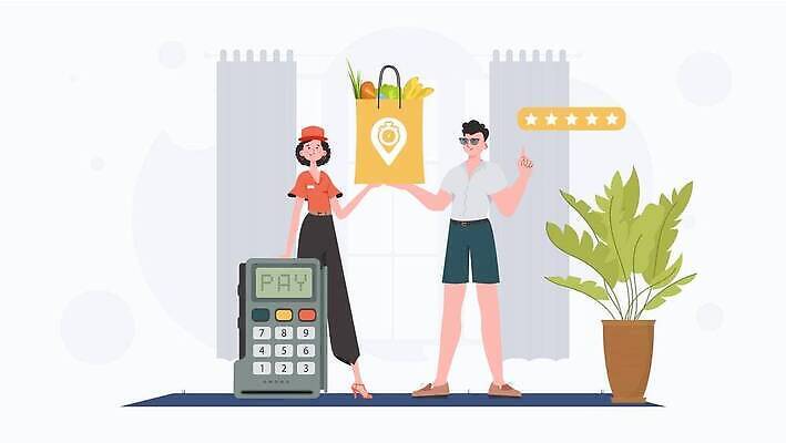 EPS 해외이미지 전신 여자 남자 유니폼 채소 일러스트 들기 성인 두명 쇼핑백 암호 배송 택배 성인만 해외202309 해외일러스트 옷 가방 모션 사람 운송업 파일형식 벡터