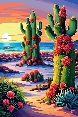 EPS 해외이미지 바다 일러스트 선인장 사람없음 반사 노을 사막 선인장꽃 해외202309 해외일러스트 자연요소 식물 꽃 파일형식 벡터