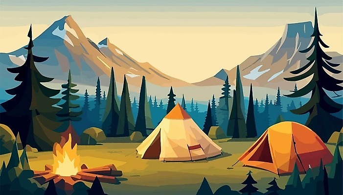 EPS 해외이미지 나무 여행 일러스트 텐트 사람없음 캠핑 모닥불 캠핑장 해외202309 해외일러스트 식물 불 레저 캠핑도구 파일형식 벡터