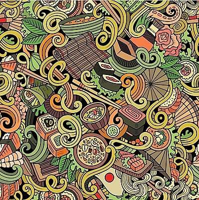 EPS 해외이미지 백그라운드 잎 패턴 채소 일러스트 젓가락 추상 사람없음 컬러풀 초밥 회 낙서 국물 김발 롤스시 일본음식 해외202309 해외일러스트 식물 음식 컬러 무늬 수저 파일형식 벡터