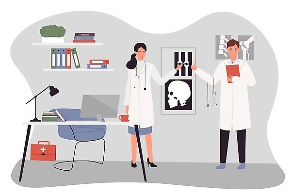 EPS 해외이미지 전신 여자 남자 화분 의자 일러스트 선반 뼈 해골 엑스레이 병원 들기 성인 두명 책 스탠드 가리킴 구급상자 책상 서류판 진료실 성인만 해외202309 해외일러스트 가구 의학 모션 조명 사람 손짓 사무용품 진료 의료용품 파일형식 벡터