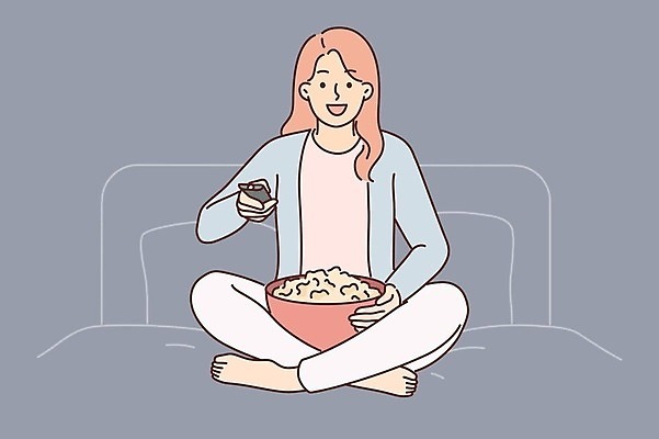 EPS 해외이미지 전신 여자 행복 일러스트 한명 성인 리모컨 가부좌 팝콘 성인여자한명만 해외202309 해외일러스트 1 감정 사람 앉기 여자한명만 성인여자만 파일형식 벡터