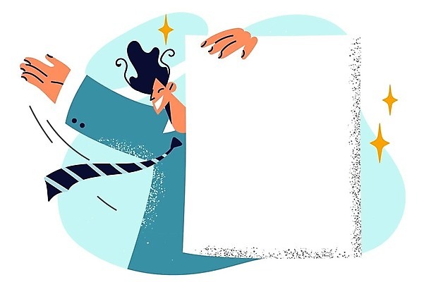 EPS 해외이미지 남자 종이 일러스트 한명 들기 성인 잡기 비즈니스맨 보여주기 성인남자한명만 카피스페이스 비어있는 해외202309 해외일러스트 1 비즈니스 모션 사람 공백 직장인 남자한명만 성인남자만 파일형식 벡터