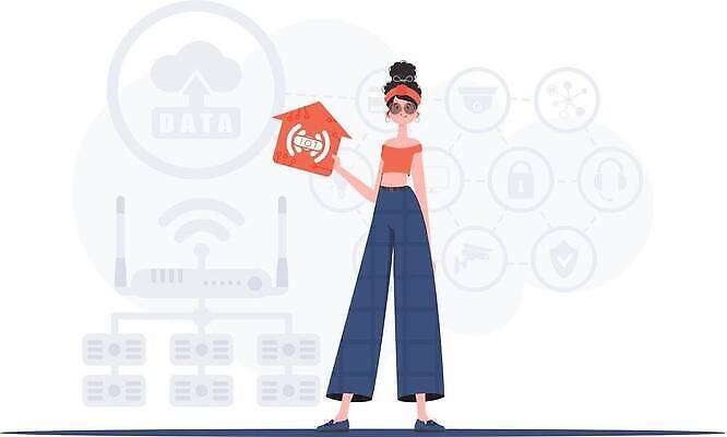 EPS 해외이미지 전신 여자 일러스트 한명 들기 성인 선글라스 사물인터넷 성인여자한명만 집모양 해외202309 해외일러스트 모양 1 안경 모션 정보기술 사람 여자한명만 성인여자만 파일형식 벡터