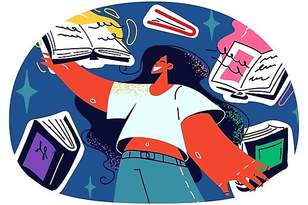 EPS 해외이미지 라이프스타일 여자 일러스트 한명 상반신 성인 취미 책 반짝임 학습 교양 손뻗기 성인여자한명만 해외202309 해외일러스트 1 교육 모션 사람 생활 여자한명만 성인여자만 파일형식 벡터