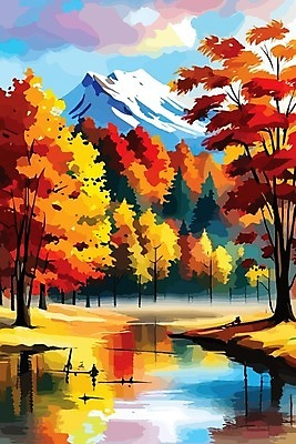 EPS 해외이미지 나무 단풍 일러스트 산 사람없음 물 강 반사 숲 해외202309 해외일러스트 자연요소 식물 잎 파일형식 벡터