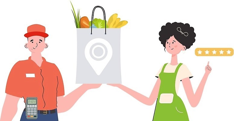 EPS 해외이미지 여자 남자 유니폼 채소 일러스트 들기 상반신 성인 두명 쇼핑백 암호 배송 택배 성인만 해외202309 해외일러스트 옷 가방 모션 사람 운송업 파일형식 벡터