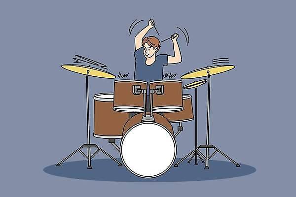 EPS 해외이미지 남자 행복 일러스트 한명 앉기 상반신 성인 남색 드럼 드럼스틱 치기 성인남자한명만 해외202309 해외일러스트 1 감정 컬러 모션 타악기 사람 남자한명만 성인남자만 파일형식 벡터