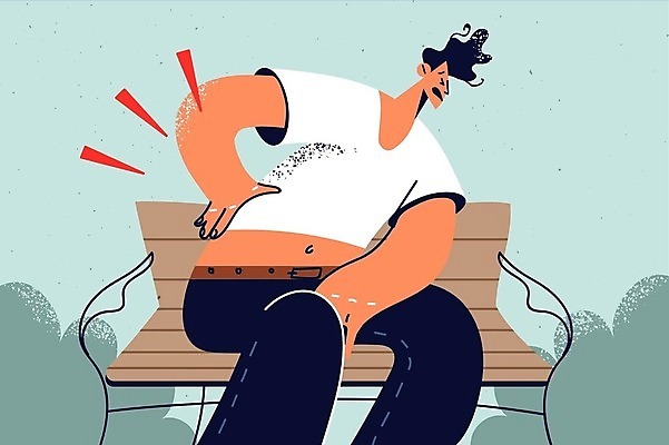 EPS 해외이미지 남자 벤치 일러스트 한명 앉기 성인 고통 찡그림 요통 증상 허리통증 성인남자한명만 해외202309 해외일러스트 1 감정 의자 모션 표정 사람 남자한명만 성인남자만 파일형식 벡터