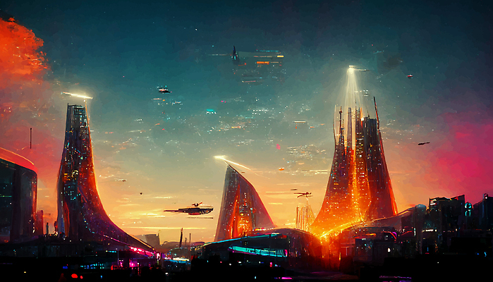 포토 JPG 해외이미지 하늘 미래 빌딩 사람없음 건물 도시 우주선 네온 미래도시 사이버펑크 해외202309 해외포토 건축물 컨셉 우주 파일형식 SF