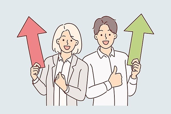 EPS 해외이미지 여자 남자 화살표 일러스트 들기 상반신 성인 두명 최고 상승 성인만 해외일러스트 컨셉 모션 사람 파일형식 벡터