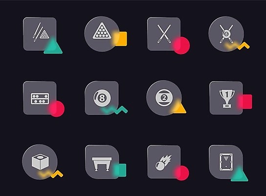 EPS 해외이미지 도형 일러스트 사람없음 사각형 원형 투명 삼각형 당구 트로피 당구공 당구대 당구채 지그재그 글래스모피즘 해외202309 해외일러스트 디자인 공 구기 상_우승 당구용품 파일형식 벡터