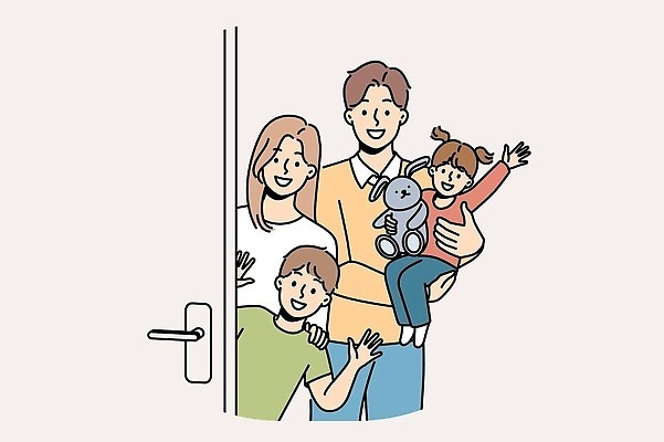 EPS 해외이미지 여자 남자 어린이 일러스트 가족 안기 소년 여러명 상반신 성인 문 인사 토끼인형 손흔들기 해외202309 해외일러스트 인형 다수 관계 모션 사람 토끼 예절 파일형식 벡터