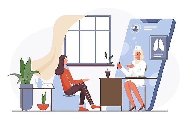 EPS 해외이미지 전신 여자 화분 일러스트 창문 병원 앉기 손짓 성인 두명 스마트폰 환자 의사 커튼 책상 원격의료 성인여자만 언택트 해외202309 해외일러스트 가구 의학 모션 사람 핸드폰 스마트기기 진료 의료진 원격 여자만 성인만 파일형식 벡터