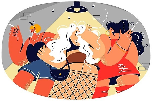 EPS 해외이미지 라이프스타일 여자 일러스트 조명 흡연 담배 들기 상반신 성인 세명 눈감음 날파리 흡연자 성인여자만 해외202309 해외일러스트 모션 사람 생활 파리_곤충 여자만 성인만 파일형식 벡터