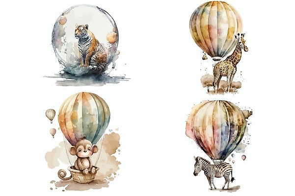 EPS 해외이미지 일러스트 사람없음 귀여움 열기구 원숭이 호랑이 기린 번짐 얼룩말 스노글로브 해외202309 해외일러스트 컨셉 포유류 항공교통 장식 말_동물 파일형식 벡터 효과